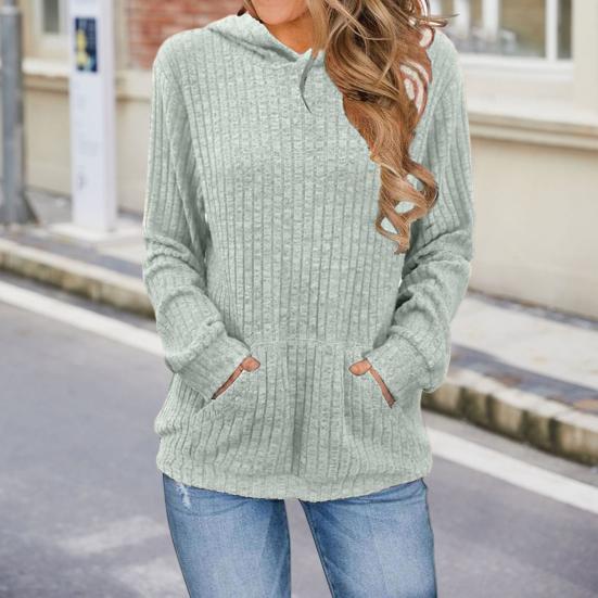 Women Knitted Sweater Hooded Long Sleeve Loose Fit Ribbed Knitting Pullover Tops with Pockets Casual Solid Color Autumn Knitwear
