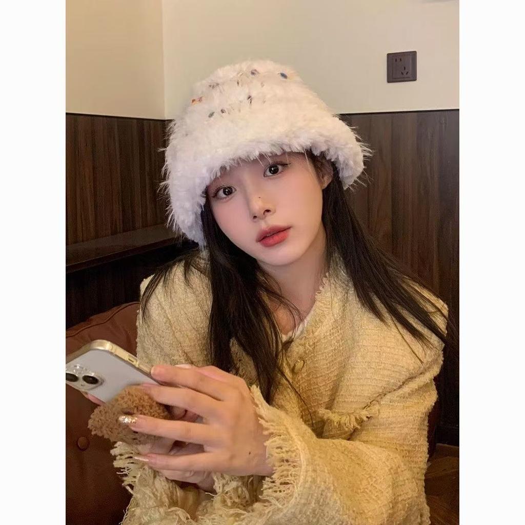 Colored jelly bean plush bucket hat women's autumn and winter face small versatile wool hat big head circumference hat bucket hat