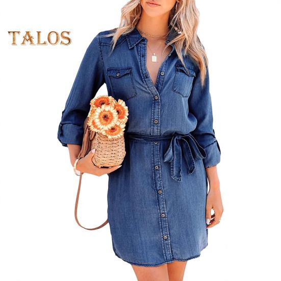 

Весеннее женское платье с отложным воротником, однобортное, со шнуровкой на талии, длинными рукавами и нагрудными карманами, джинсовое платье для повседневной носки и свиданий L темно-синий