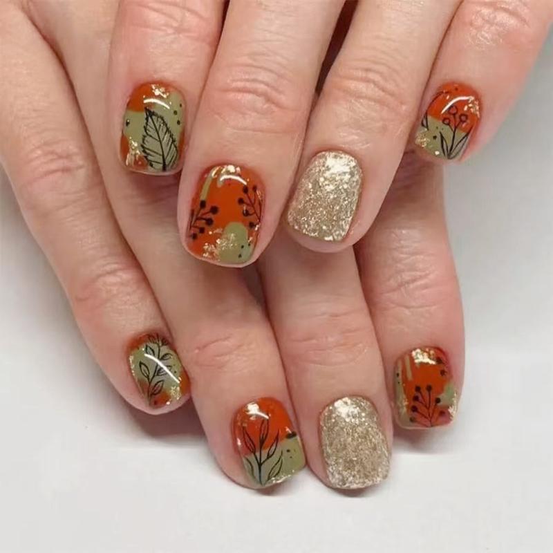 

Shimmering Maple Leaf Design False Nail Red Brown Glitters Press On Nail For Women Quick Application Snaply Fit 1