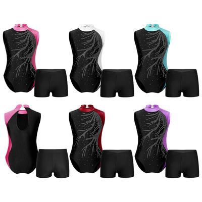 2 pièces enfants filles sans manches brillant strass décor gymnastique justaucorps ballet danse body unitards avec short