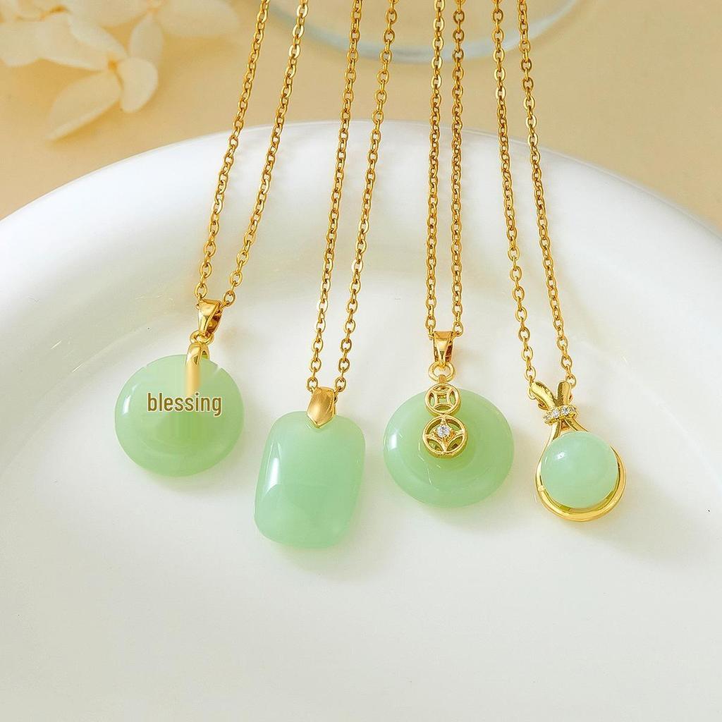 Hetian Jade Wushi Pai Pendant Necklace, Women's National Trend, Palace Style, Imitation Jade, Titanium Steel Clavicle Chain Jewelry.