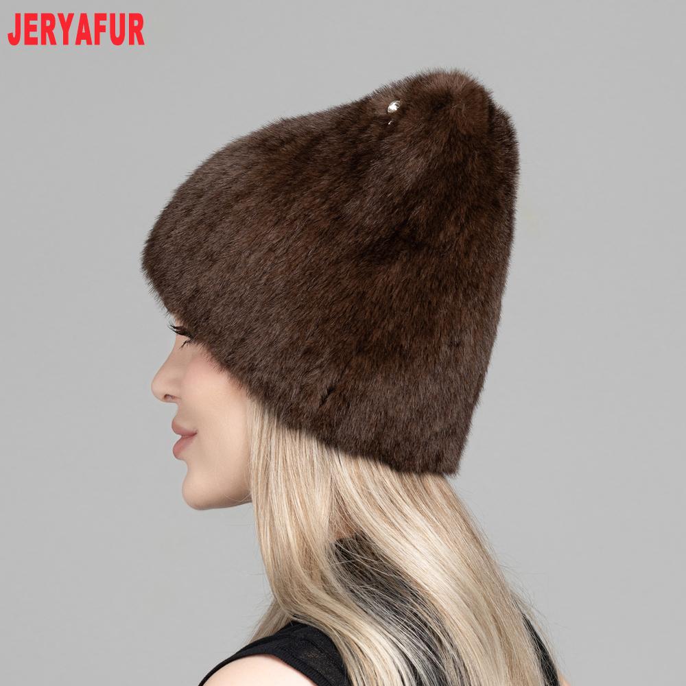 JERYAFUR Women Faux Fur Cat Ear Winter Hat, Cute Rhinestone Decor Fluffy Warm Fashion Ladies Cap for Cold Weather