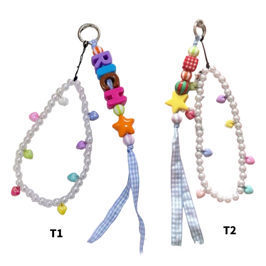 Colorful Acrylic Letter Bead Phone Strap Keychain Imitation Pearls Beaded Keyring Handmade Beaded Cellphone Lanyard