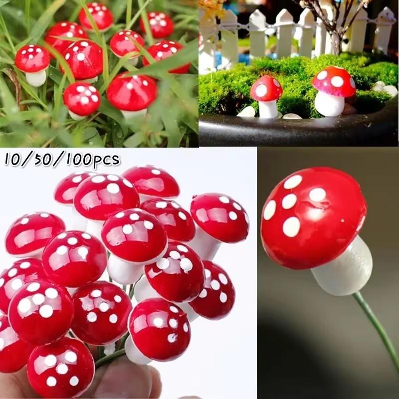 100/50/10pcs Mini Mushroom Miniatures Fairy Garden Moss Terrarium Resin Crafts Decorations Artificial Stakes Craft