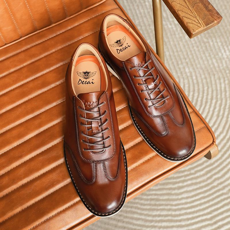 Men'S Casual Leather Shoes Lace-Up Men'S Shoes First Layer Cowhide Men'S Shoes Sewn Line Men'S Leather Shoes Gentleman Casual Shoes