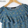 ZANZEA Kobiety Casual Falbany Okrągły Dekolt Krótki Rękaw Bluzka z Nadrukiem Kwiatowym
