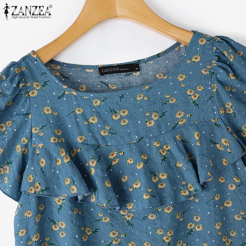 ZANZEA Kobiety Casual Falbany Okrągły Dekolt Krótki Rękaw Bluzka z Nadrukiem Kwiatowym