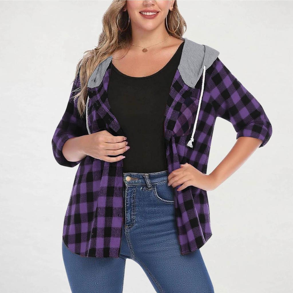 Women Long Sleeve Plaid Jackets Shirt Long Sleeve Casual Loose Coat Outwear