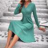 Women's Solid Color Long-sleeved V-neck Knee-length Dress