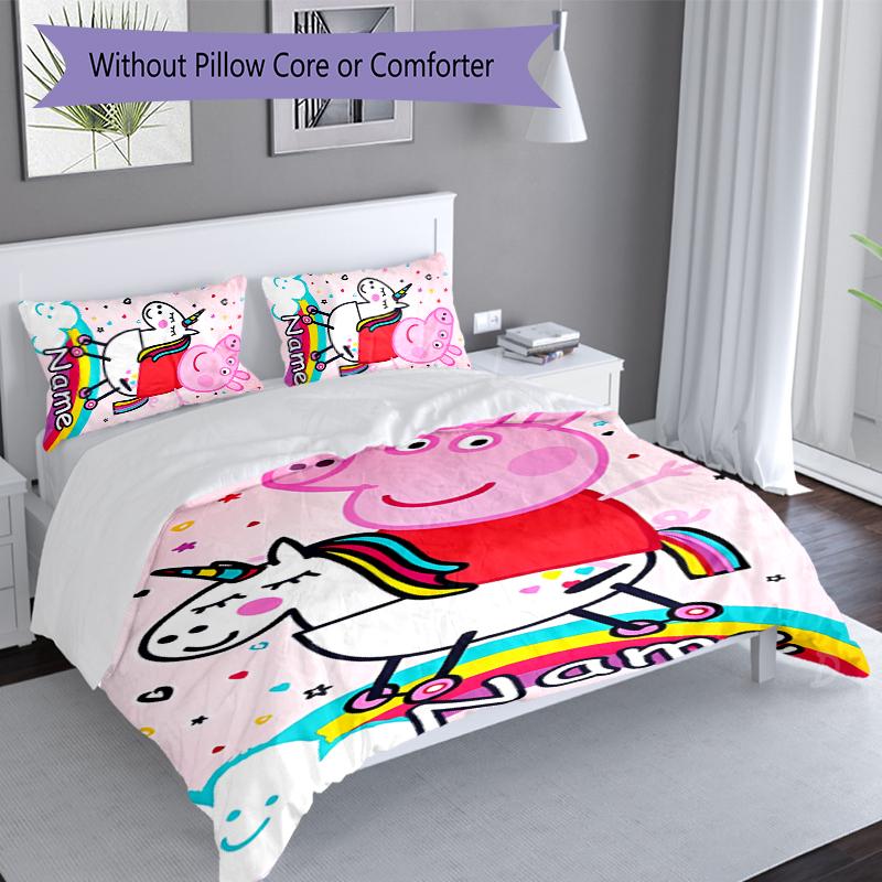 3pcs Custom Name Peppa Pig Bedding Set,Includes 1 Duvet Cover and 2 Pillowcases,All-season Bedroom Decor