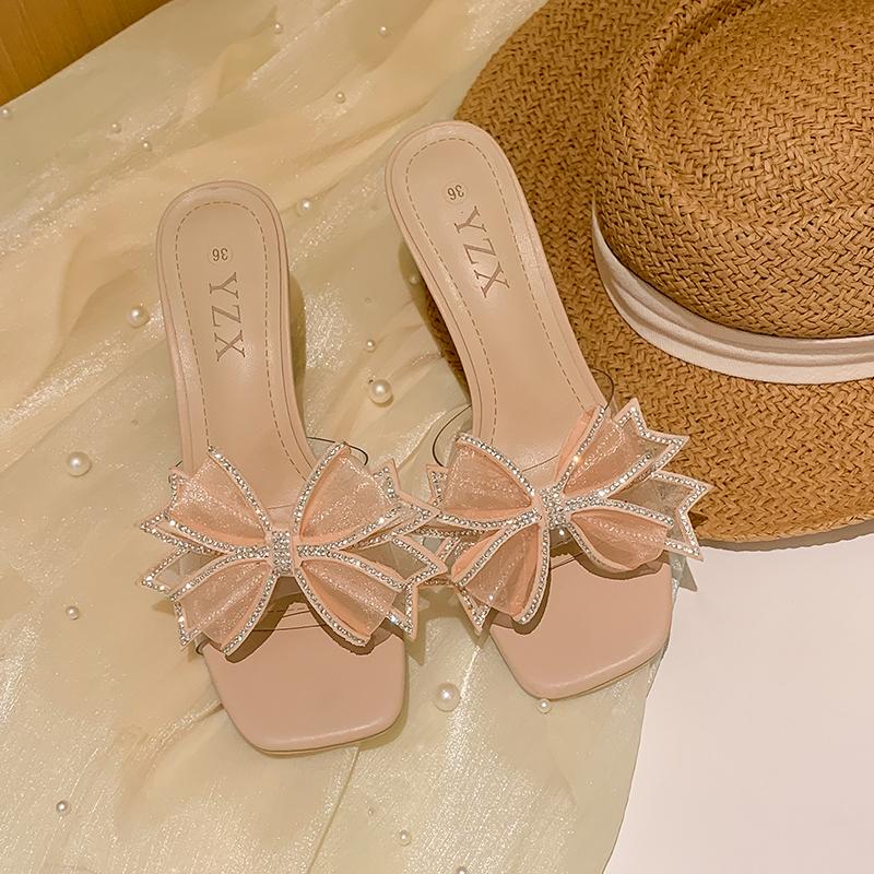 2024 New Sandals Women Bow Crystal High Heels Slippers Summer Shoes Designer Slingback Flip Flops Sexy Shoes Dress Pumps Slides