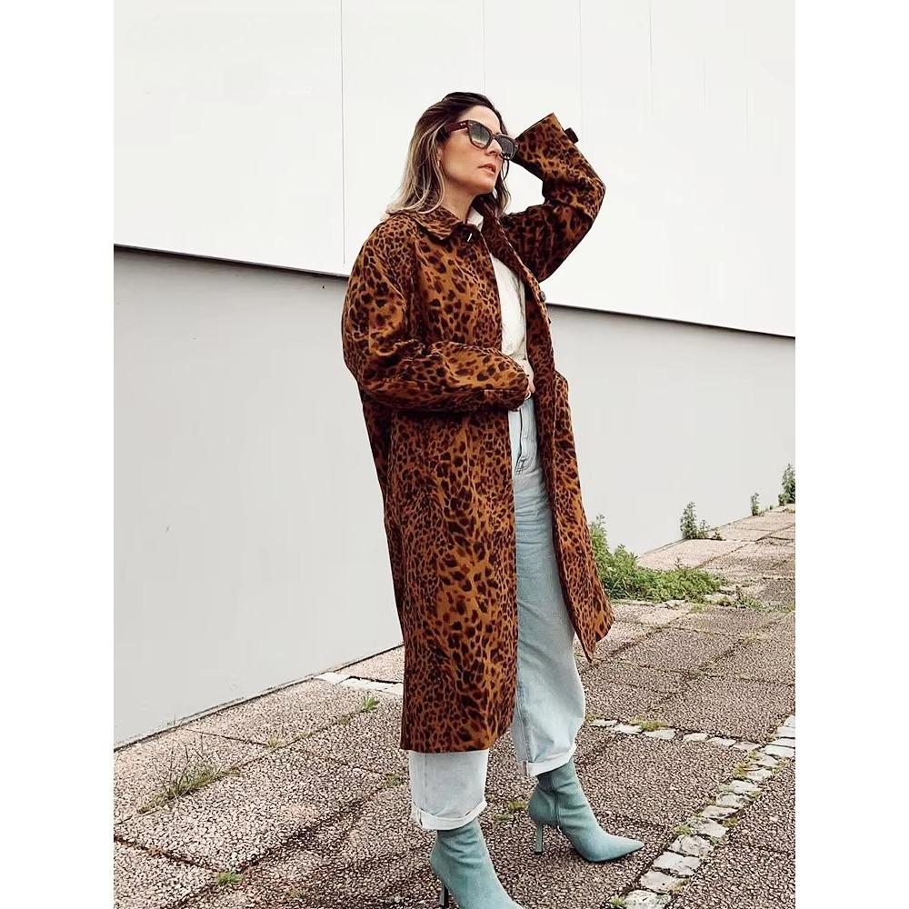 Spring and Autumn New Women's Fashion Leopard Print Coat Long Sleeves Hidden Buckle Lapel Overcoat Pocket Vintage Street Windbreaker