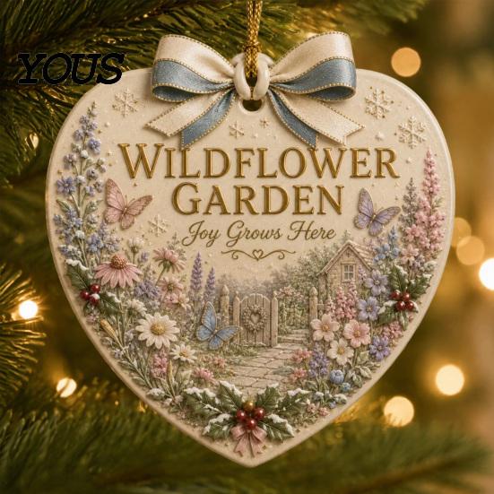 Seasonal Home Holiday Ornaments Heart Shape Christmas Ornament, Sunflower/Lavender/Wildflower Garden Acrylic Hanging Decoration, for Party Xmas