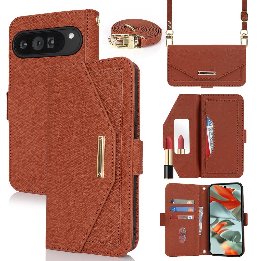 Crossbody Cards Solt Wallet Leather Case For Google Pixel 9 Pro XL 8 8A 6A 7 7A Long Lanyard Book Flip Makeup Mirror Bag Cover