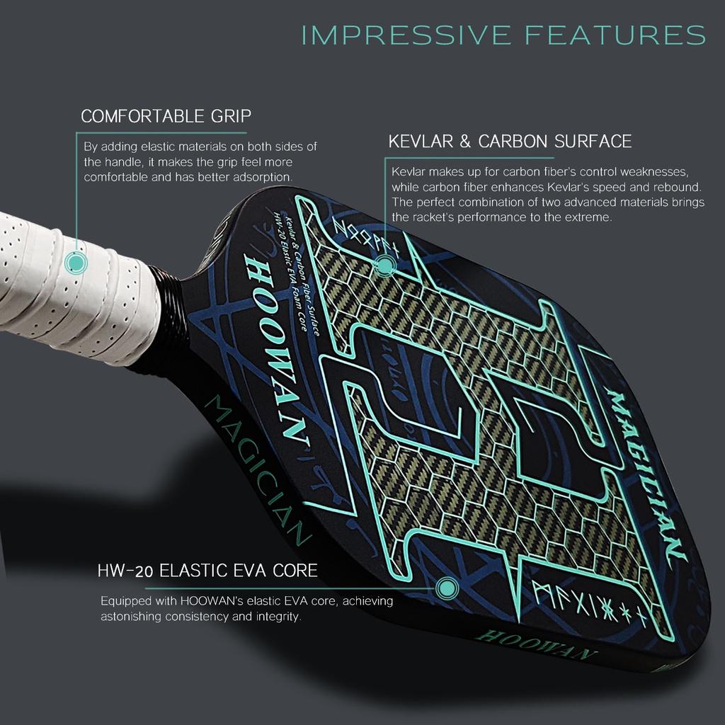 HOOWAN MAGICIAN 16MM Pickleball Paddles Kevlar Carbon Piackleball Rackets Professional Carbon Fiber T700 Edgeless Pickle Ball Racket Rough Surface
