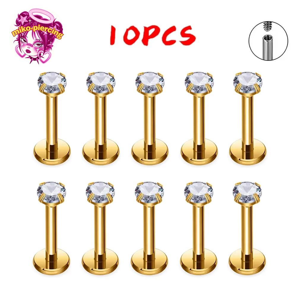 10PCS F136 Ttianium Piercing Labret Lip Stud Ring CZ 16G Internal Thread Stud Earring Ear Tragus Cartilage Helix Daith Jewelry
