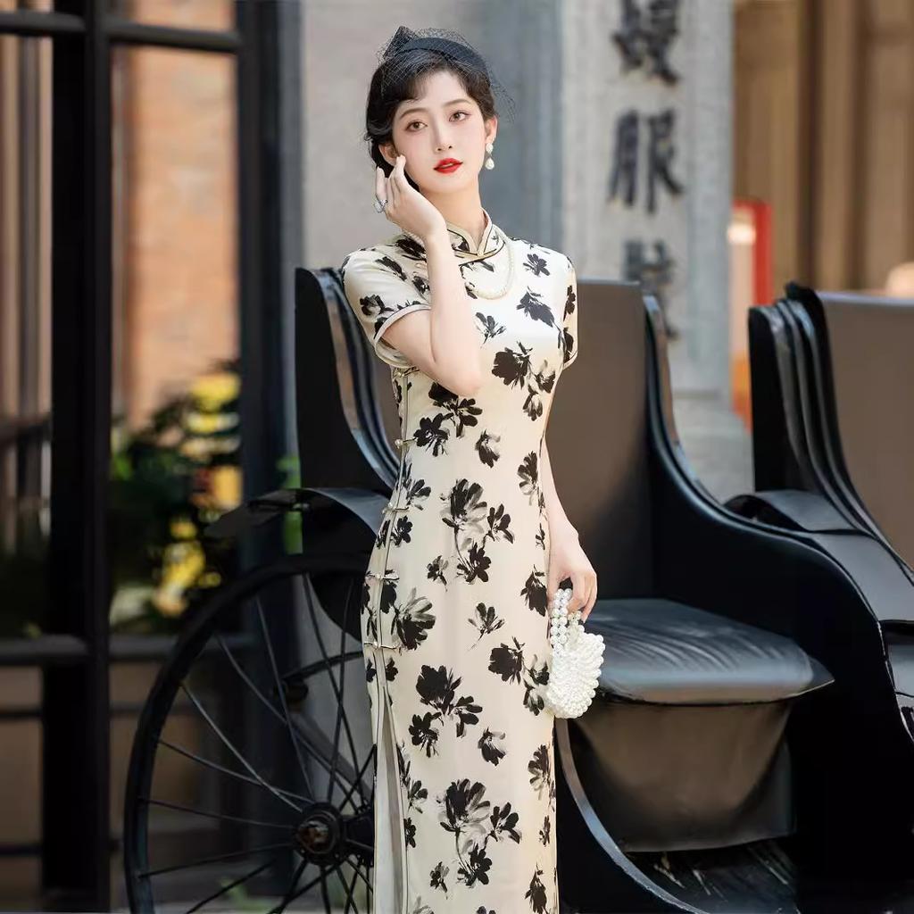 High-end new Chinese silk cheongsam summer women's 1011 new improved ink painting national style mulberry silk dress young