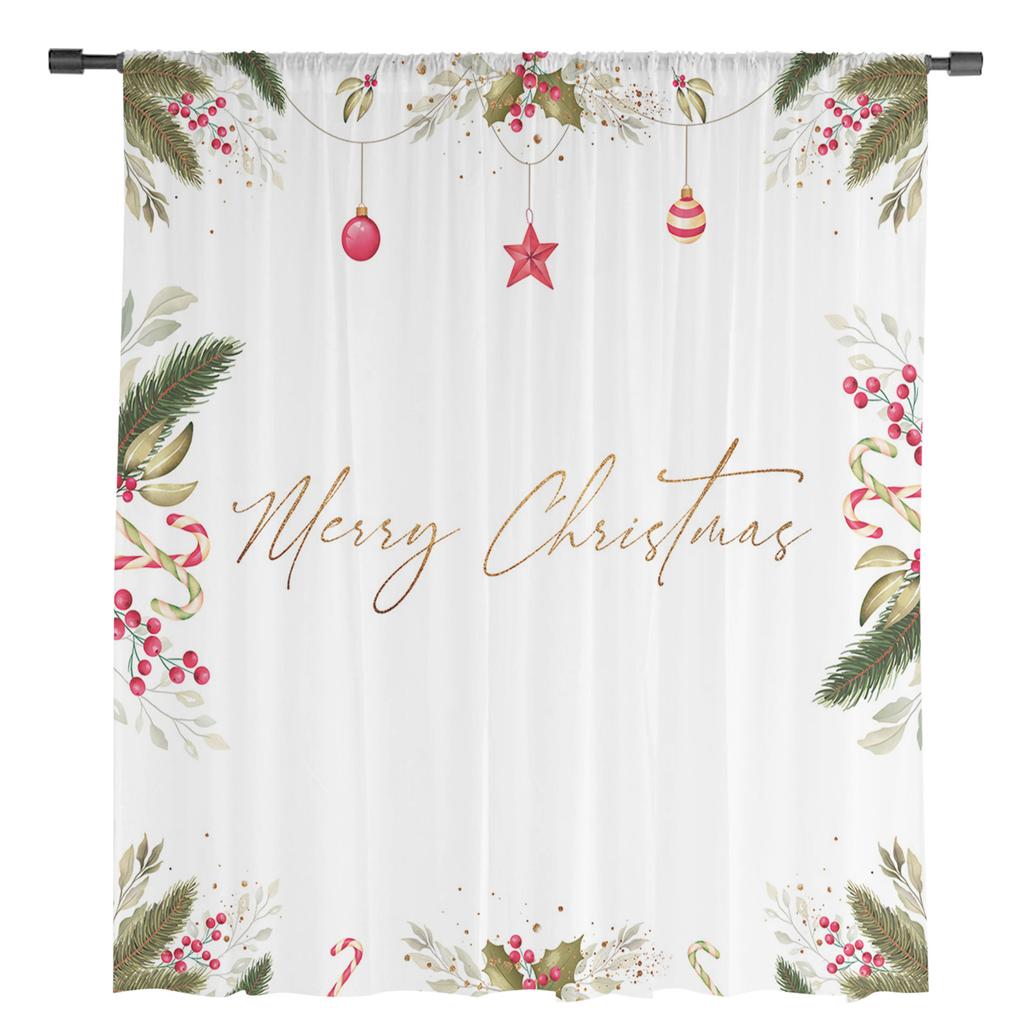 Christmas Leaf Berry Ball Flower Tulle Curtains Kitchen Door Curtain Chiffon Sheer Voile Christmas Curtains For Living Room