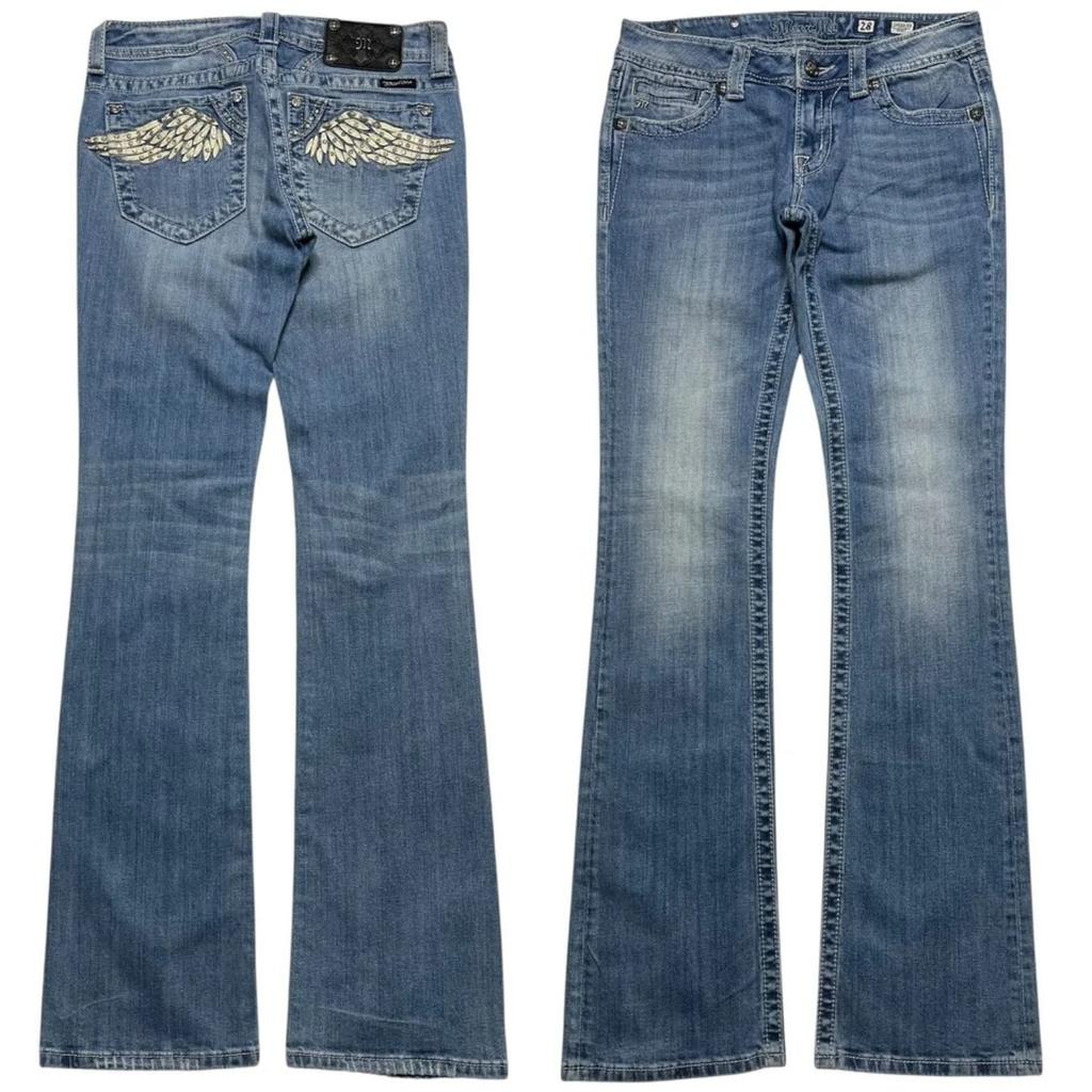 Women's Low Waist Flare Jeans Pants Loose Fit Embroidered Bell Bottom Trousers