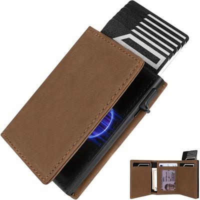 Ultra-Slim Vintage Brown Faux Leather Wallet with Pop-Up Credit Card Holder, Coin Pocket & ID Slot - Minimalist Retro Design for Men, Card Organizer