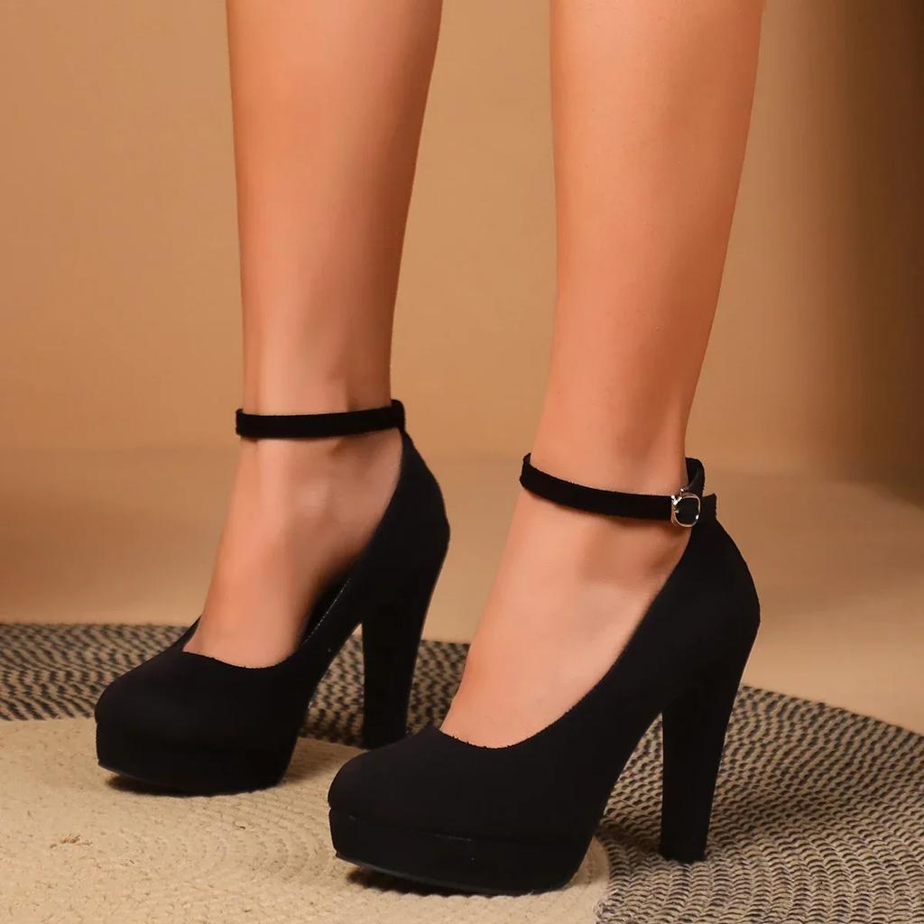 Fashion Black Super High Heels Pumps Women Ankle Buckle Stiletto Heels Platform Office Shoes Woman Sexy Round Toe Party Ladies Shoes