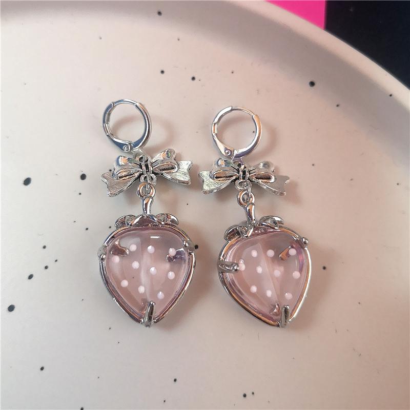 Goth Vintage Süß Schleife Rosa Erdbeere Herz Stern Anhänger Ohrringe Egirl Gothic 2000er EMO Rave Schmuck Scene Zubehör