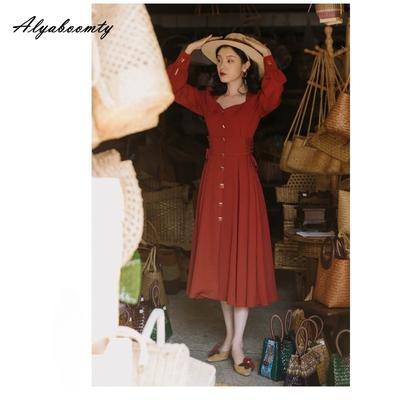 England Style Autumn Spring Women Split Midi Dress Square Collar Buttons Bandage Elegant Dress Retro Ladies' Feminine Chic Dress