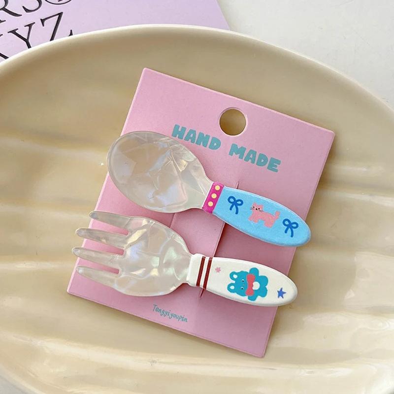 2Pcs/set Fashion Acrylic Spoon Fork Cake Hairpin Creative Cute Duckbill Clip Bangs Clip For Women Girl Kawaii Hair Accessories