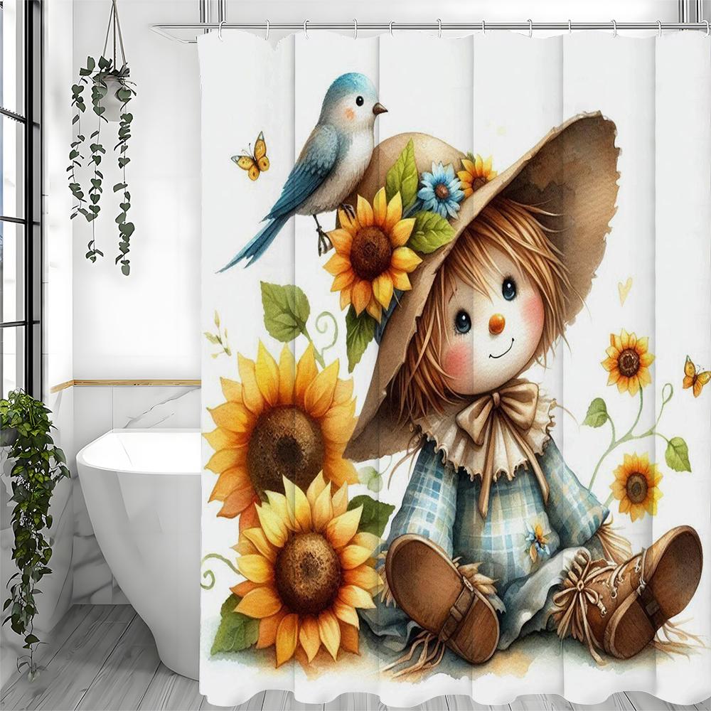 

Милая шторка для душа с изображением пугала, птицы, подсолнуха и цветов, декоративная шторка для ванной комнаты, водонепроницаемая шторка для душа с крючками 90*180cm
