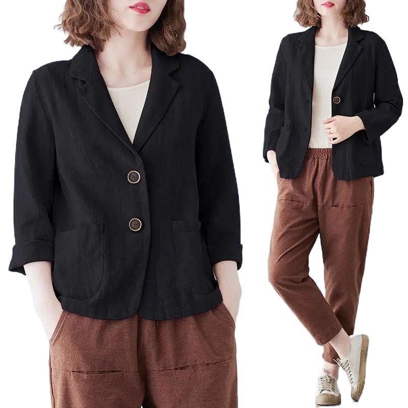 Women's 2024 Spring/Autumn Cotton-Linen Loose Casual Blazer - Plus Size, Long Sleeve, Short Jacket