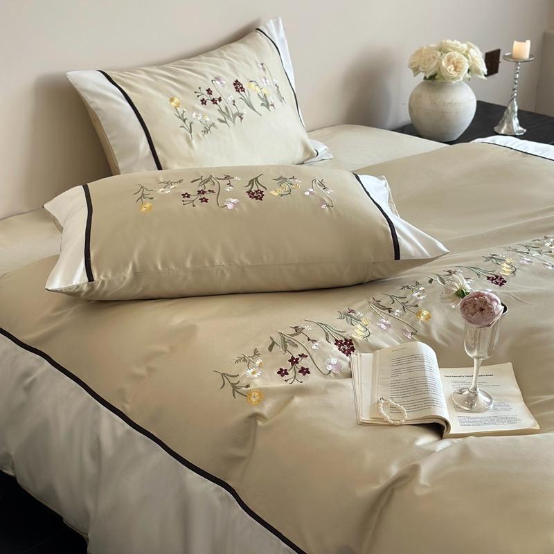3/4Pcs Premium Egyptian Cotton Flowers Embroidery Bedding Set Single Queen King Duvet Cover Bed Sheet/Fitted Sheet Pillowcases