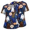 Women's Halloween Print V Neck Medical Scrub Top with Pockets Side Slits Short Sleeve Nurse Uniform Shirt for Healthcare Professionals
