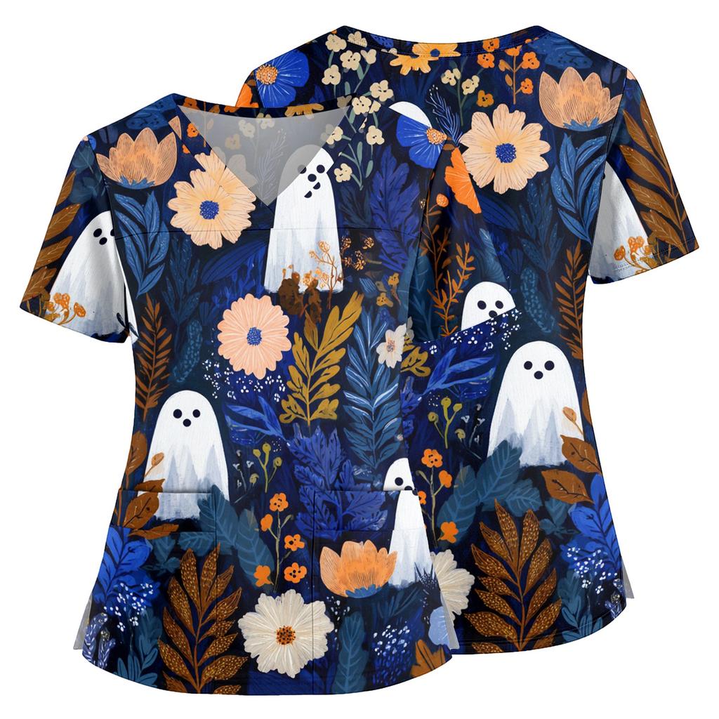 Women's Halloween Print V Neck Medical Scrub Top with Pockets Side Slits Short Sleeve Nurse Uniform Shirt for Healthcare Professionals