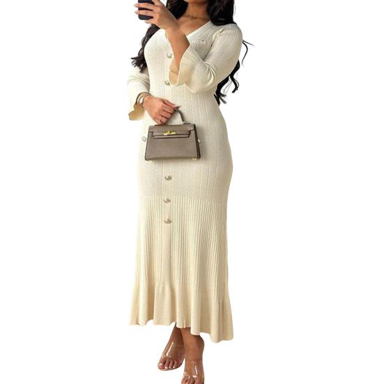 Spring Fall Women Dress Button Decor V Neck Knitted Long Sleeves Slim Fit Patchwork Fishtail Hem Solid Color Stretchy Maxi Dress