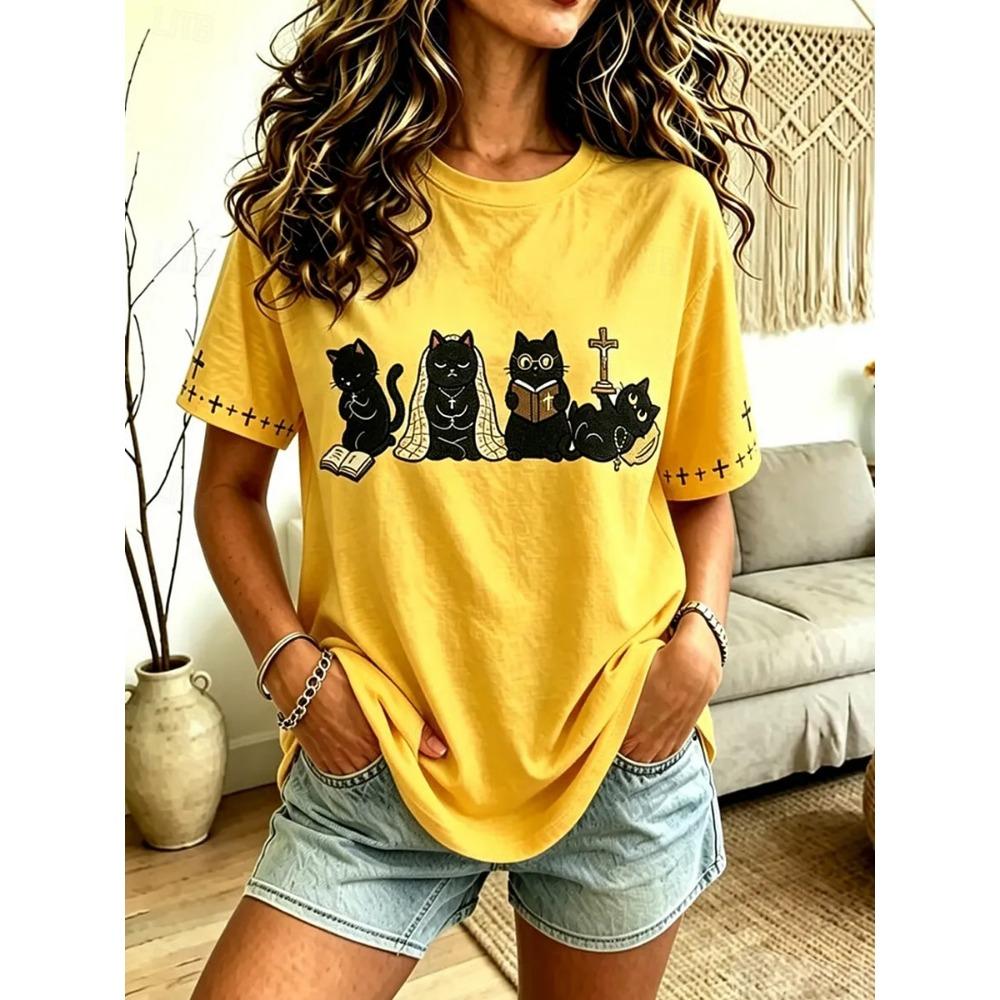 Women's T Shirt Print Graphic Cat Vintage Stylish Modern Short Sleeve Crew Neck Regular Tops Casual Daily Whit Summer Spring
