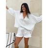 Spring/Summer White Cotton-Linen Set For Women Casual Fashion Lantern Sleeve Top And Shorts Two-Piece Set