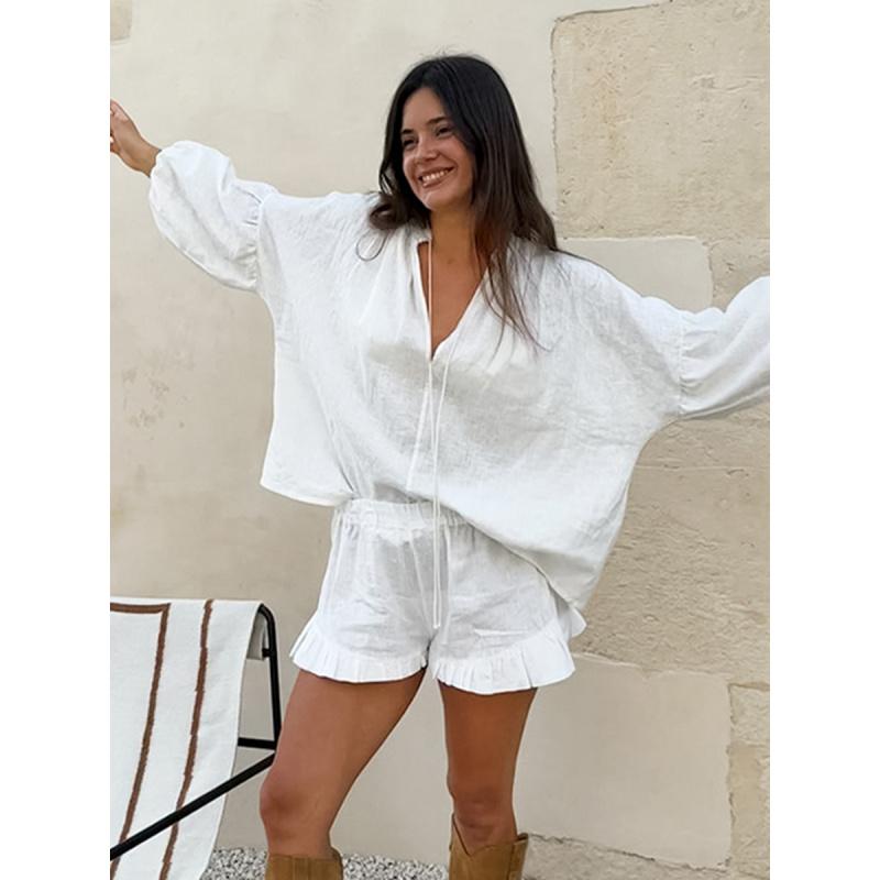Spring/Summer White Cotton-Linen Set For Women Casual Fashion Lantern Sleeve Top And Shorts Two-Piece Set