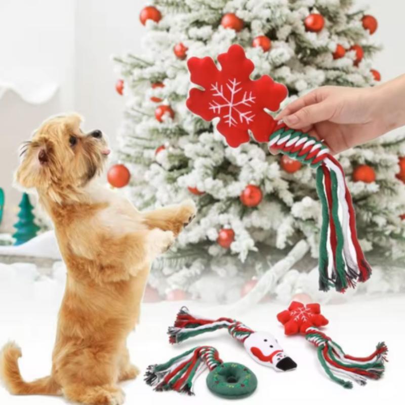 Cute Puppy Christmas Gift Interactive Squeaky Chew Toy with Cotton Rope Knot Bite Dog Toy Funny Pet Supplies for Xmas