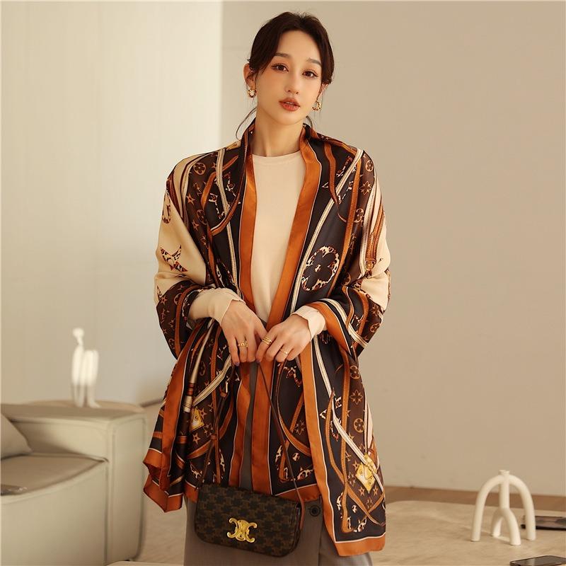 Light and mature style luxury presbyopia scarf with goods, new silk scarf, long large size travel shawl, sun protection