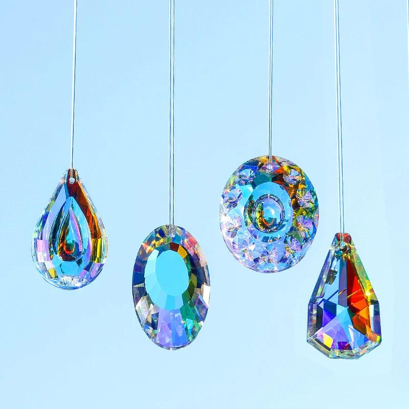 Crystal Glass Prism Pendants AB Color Hanging Suncatcher Accessories Rainbow Maker Ornament Crystal Chandelier Parts 10 Shapes