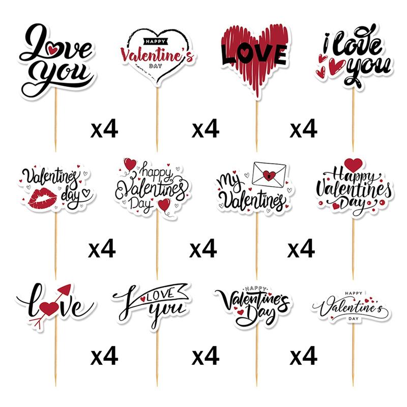 Gut-48 Stück Valentinstag Kuchenaufsätze- Happy Valentine's Day Partyzubehör Valentinstagszubehör Valentinstagskuchen Dekoration