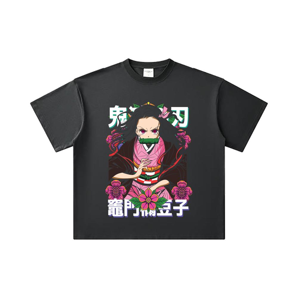 260 GSM Double Yarn 32 Count 100% Cotton Demon Slayer V70 Nezuko Flower Print Unisex Heavy Cotton T Shirt