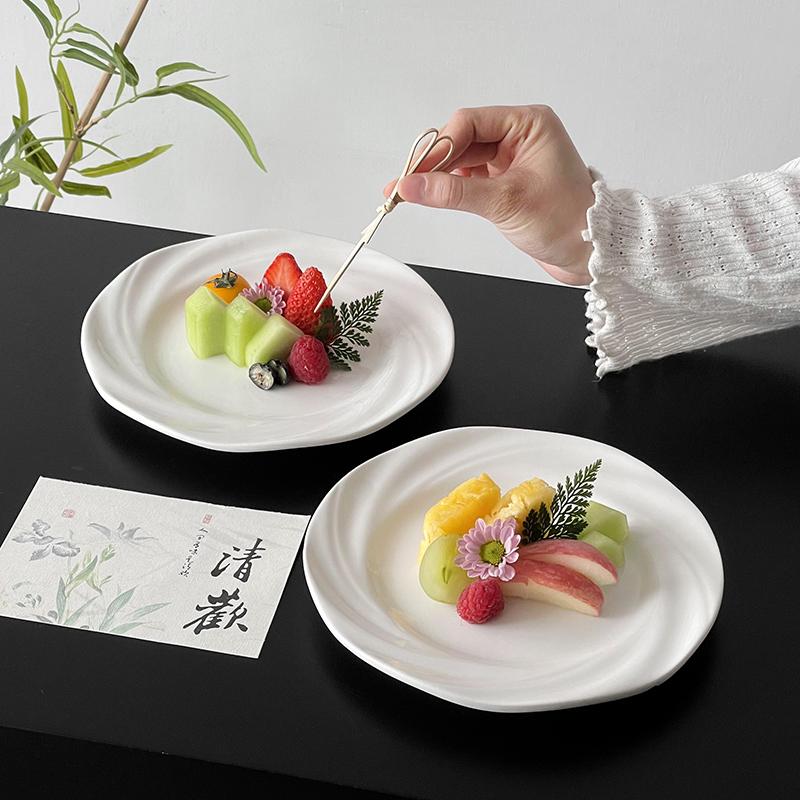 Chinese Style Solid Ceramic Plate Household 8 Inch High Aesthetic Creative Fruit Dessert Dishes Vintage Afternoon Tea Tableware