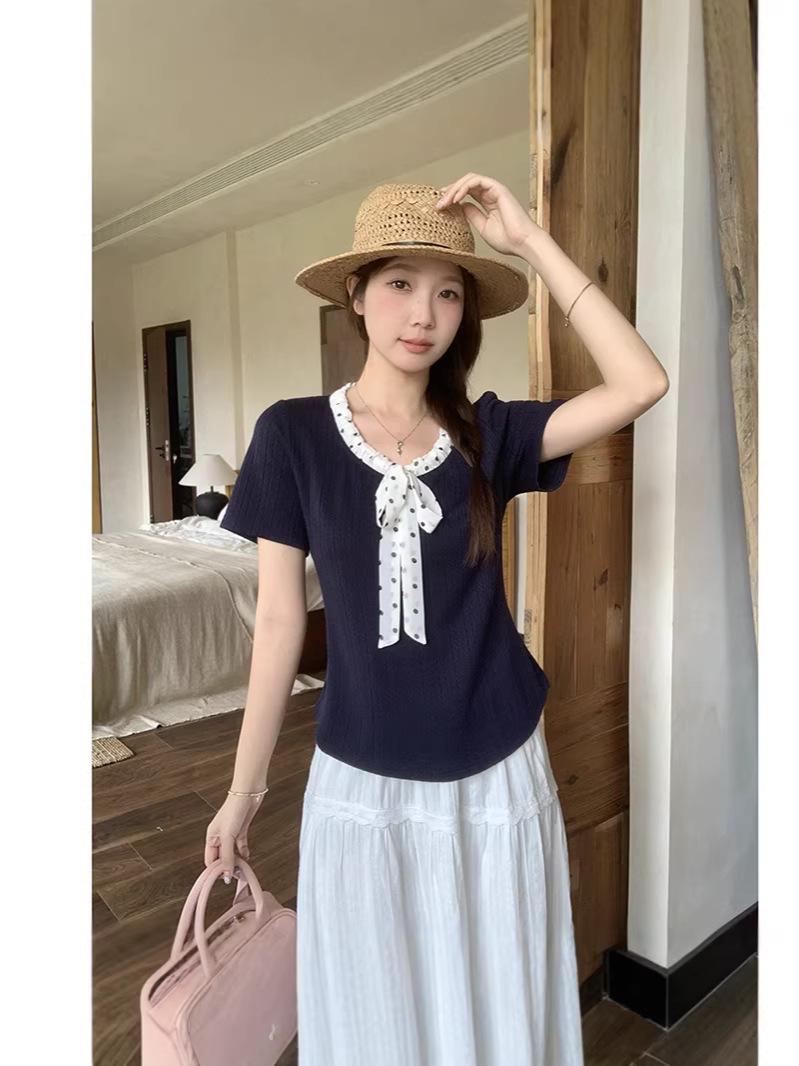 2026 Summer Plus Size Women s Polka Dot Lace-up Bow Ribbed Short Sleeve T-shirt XL