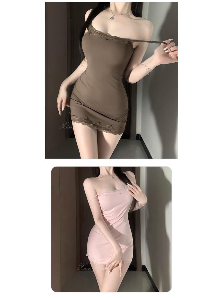 Xianyi Pure Desire Lace Splice Sexy Bodycon Sling Dress - Solid Color Sleepwear 689