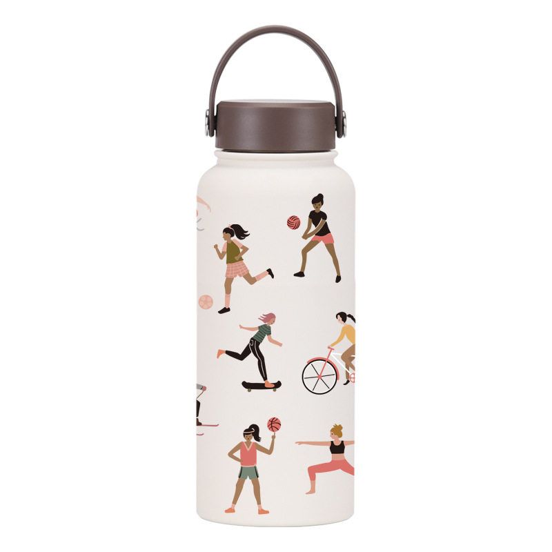 2025 New Model 1L Large Capacity Thermos Cup with Wide Mouth, Portable Handle, Sports Water Bottle, Outdoor Printed Water Cup for Women