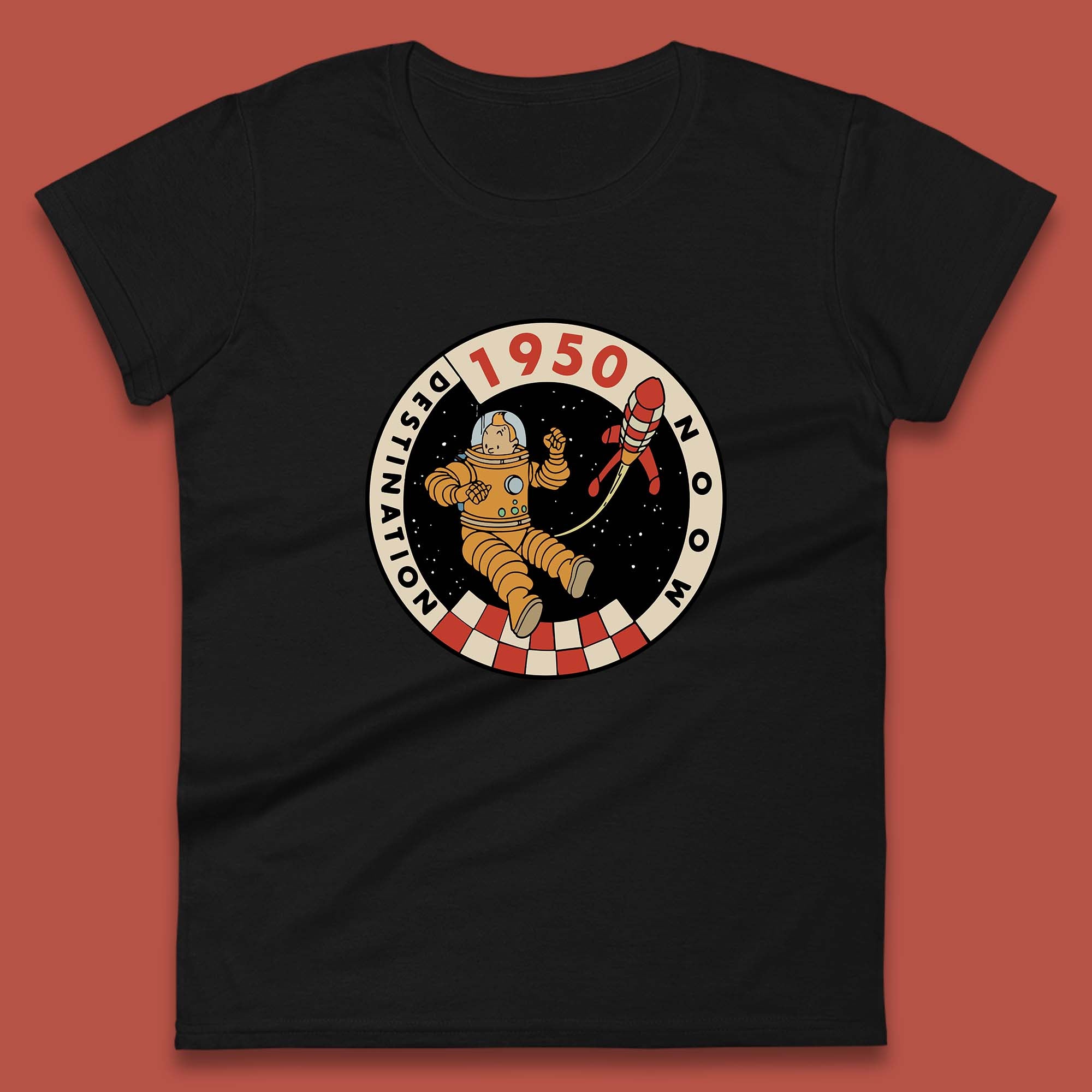 

Destination Moon 1950 Astronaut Tintin The Lunar Rocket Retro Comic Space Adventure Womens Tee T Shirt Mens Tops Unisex Top S