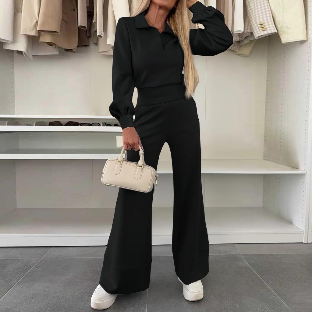 Modă Femei Casual Acasă Culoare Solidă Rever Mânecă Lungă Top Pantaloni Elastici cu Picior Larg Set Două Piese