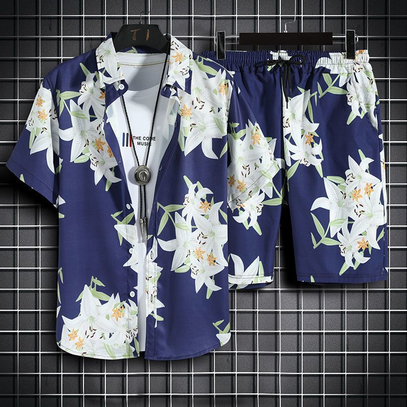 Hawaiian Beach Flower Shirt Men's Hong Kong Style Retro Style Short Sleeved Shirt Set Casual Two-piece Set